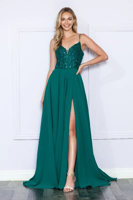 Short Evening Dress-Sequin Embroidered Sleeveless Slit Gown by Poly USA 9368