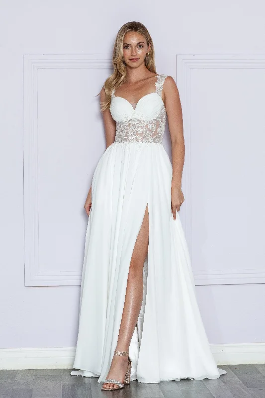 Wedding White Evening Dress-Embroidered Sheer Sleeveless Slit Gown by Poly USA 9376