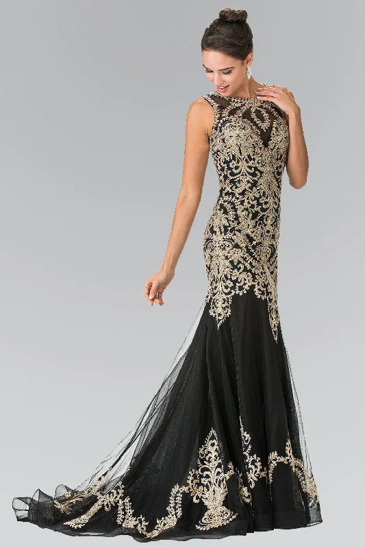 Petite Navy Evening Dress-Sleeveless Embroidered Dress with Small Train by Elizabeth K GL2307