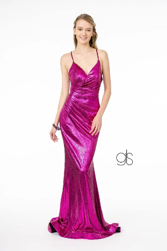 Ruffle Chiffon Evening Dress-V-Neck Metallic Mermaid Gown with Corset Back by Elizabeth K GL2943