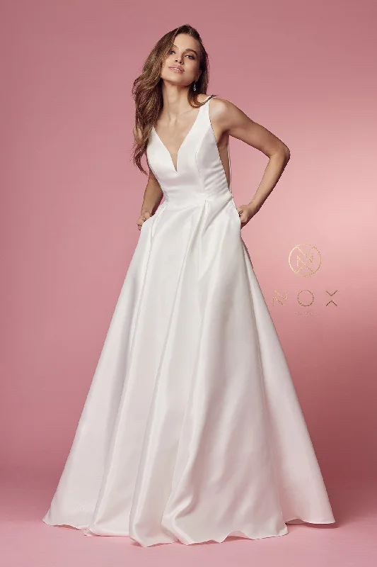 Sleeveless Silk Evening Dress-White Long V-Neck Taffeta Dress by Nox Anabel E156W