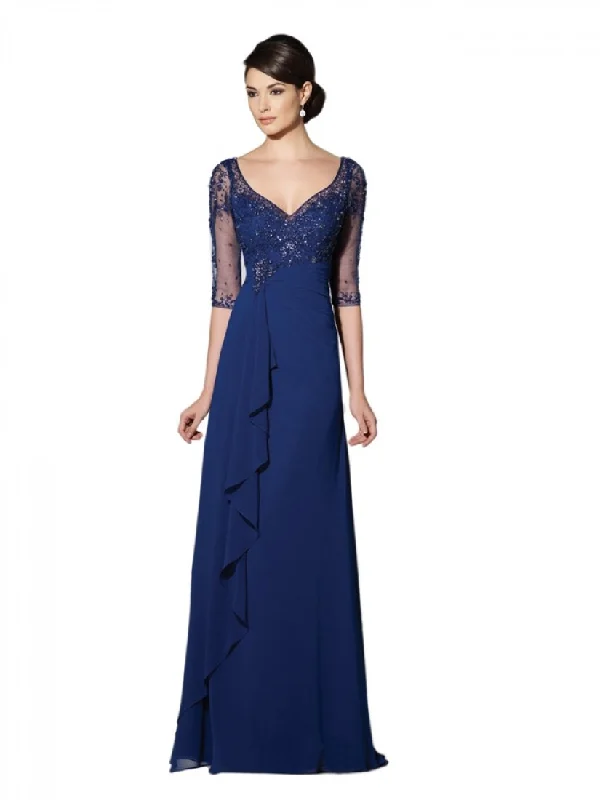 Backless Maxi Dresses-Mon Cheri Beaded V-Neck Long Dress In Blue Willow 214689W