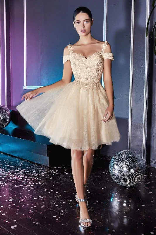 Cinderella Divine - CD0132 Cold Shoulder Lace and Glitter Tulle Cocktail Dress