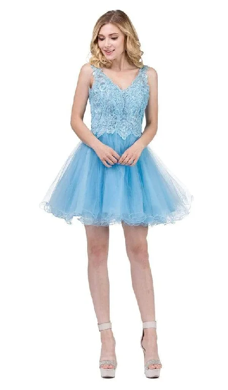 Dancing Queen - 3022 Lace Embroidered V Neck Cocktail Dress - 1 pc Sky Blue In Size 3XL Available