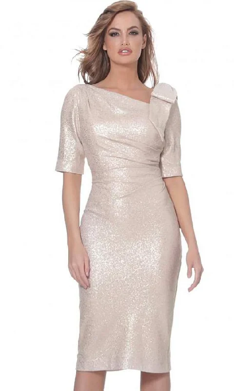 Jovani - Asymmetric Neck Knee Length Fitted Dress 03641SC - 1 pc Light Gold In Size 4 Available