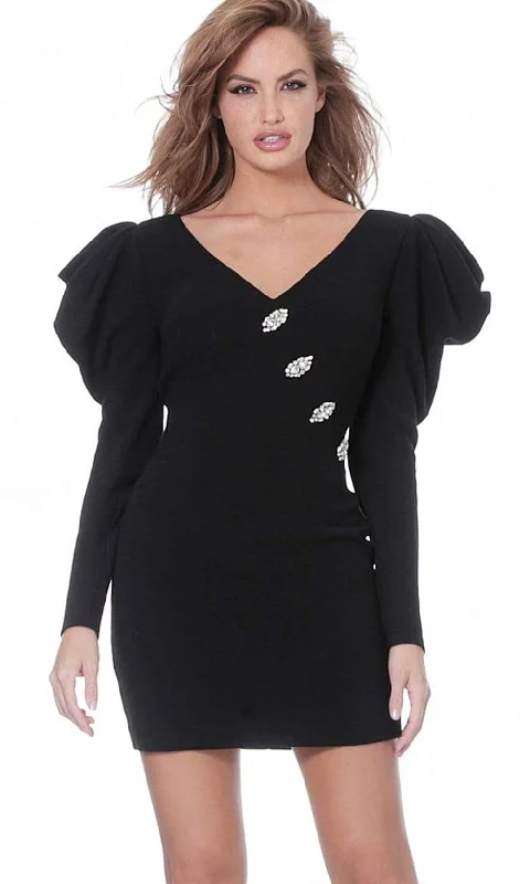 Jovani - M3229 Puffed Long Sleeves V Neck Dress