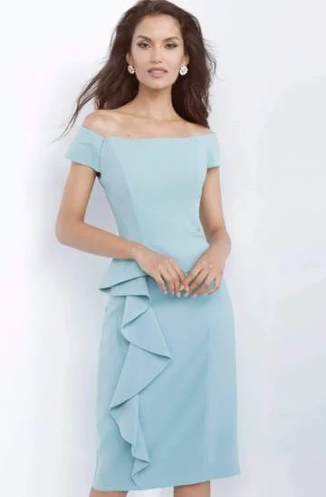 Jovani - Short Sleeves Knee Length Sheath Dress 68767SC - 1 pc Seafoam In Size 4 Available