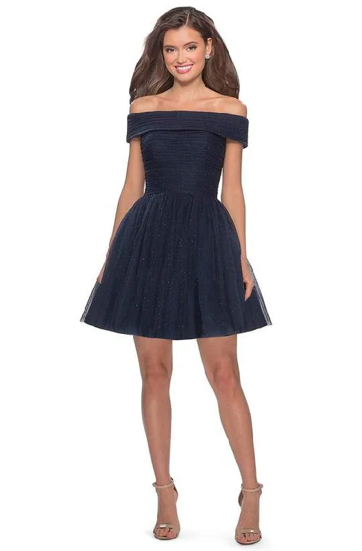 La Femme - Off Shoulder Pleated A-Line Dress 28234SC - 1 pc Navy In Size 8 Available