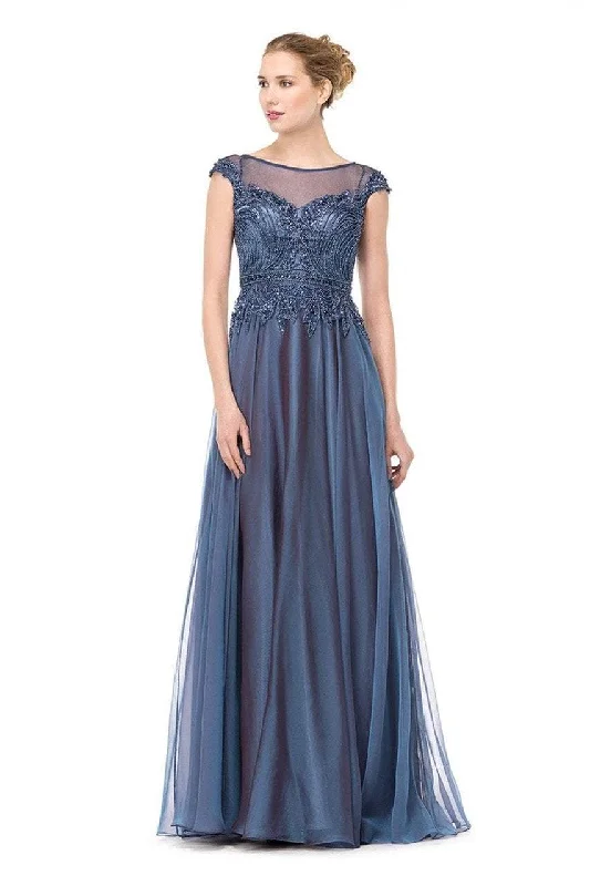 Striped Maxi Dresses-Marsoni by Colors Beaded Cap Sleeves A Line Long Dress M166 - 1 pc Slate Blue In Size 20 Available