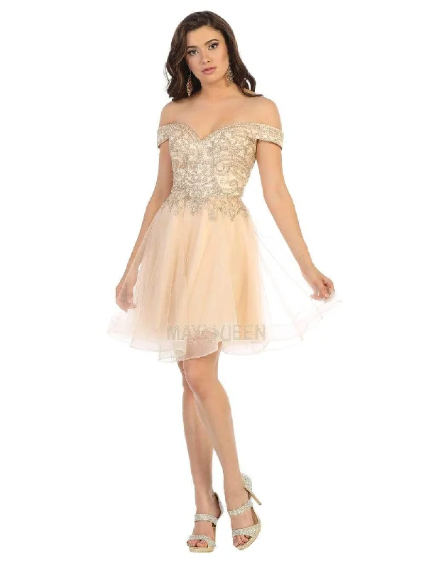 May Queen - MQ1659 Bead-Appliqued Off Shoulder Tulle Dress