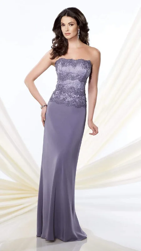 Halter Maxi Dresses-Mon Cheri - Strapless Scalloped Lace Long Dress 214942 - 1 pc Delphinium in Size 6 Available