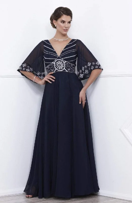 Maternity Maxi Dresses-Nox Anabel 5147 Sheer Sleeve Beaded V-Neck Long Dress