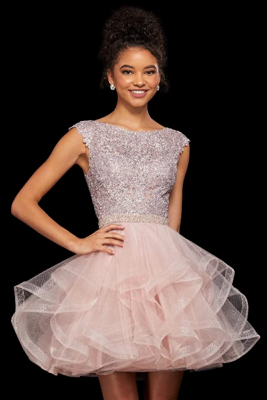 Sherri Hill - Beaded Bateau Ruffled A-Line Cocktail Dress 53109