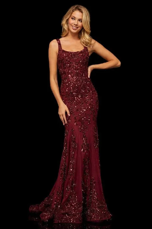 Casual Red Maxi Dresses-Sherri Hill - Long Beaded Lace Mermaid Dress 52925 - 1 pc Burgundy In Size 12 Available