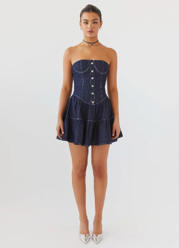 One Shoulder Mini Dresses-Adriana Denim Bustier Dress - Indigo