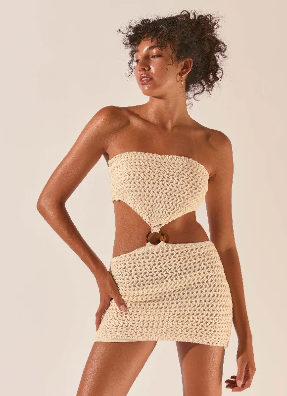 Maternity Summer Mini Dresses-Balmy Nights Crochet Mini Dress - Seashell