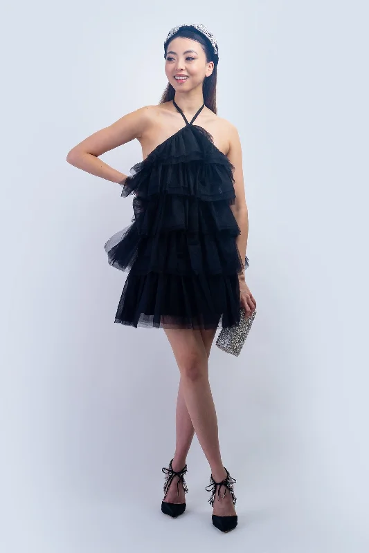 Knit Party Mini Dresses-Black Halter Neck Tulle Ruffle Mini Dress