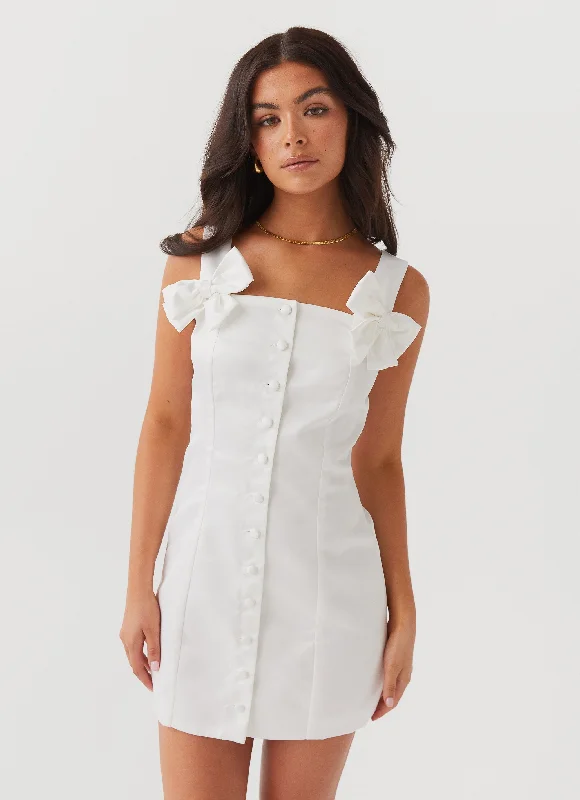 Mesh Mini Dresses-Brielle Bow Satin Mini Dress - White