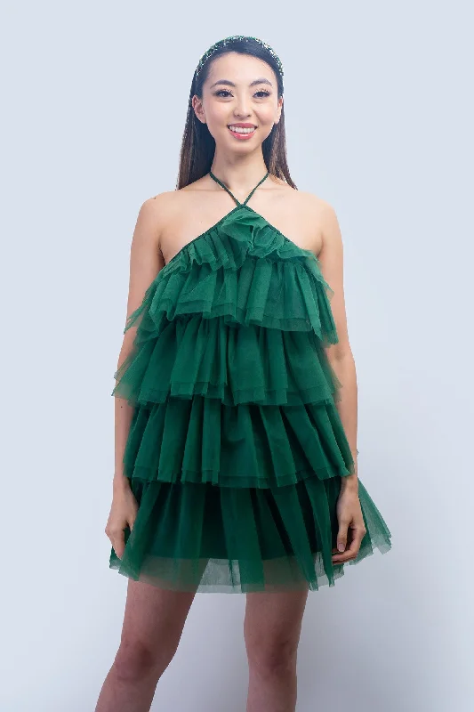 Velvet Club Mini Dresses-Hunter Green Halter Neck Tulle Ruffle Mini Dress