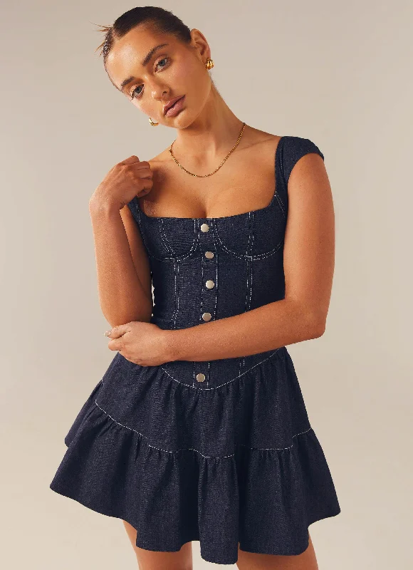 Denim Formal Mini Dresses-Isabella Denim Bustier Dress - Indigo