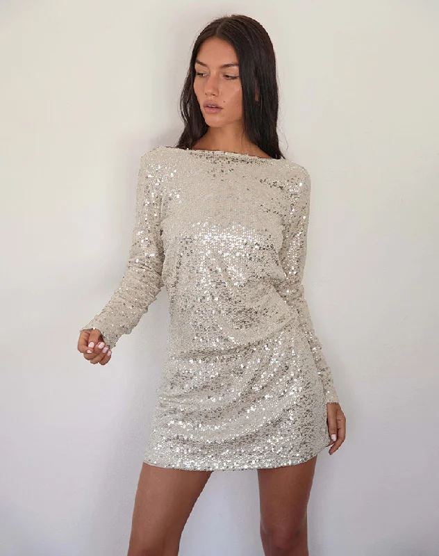 Long Sleeve Boho Mini Dresses-Jasilia Long Sleeve Mini Dress in Neutral Sequin