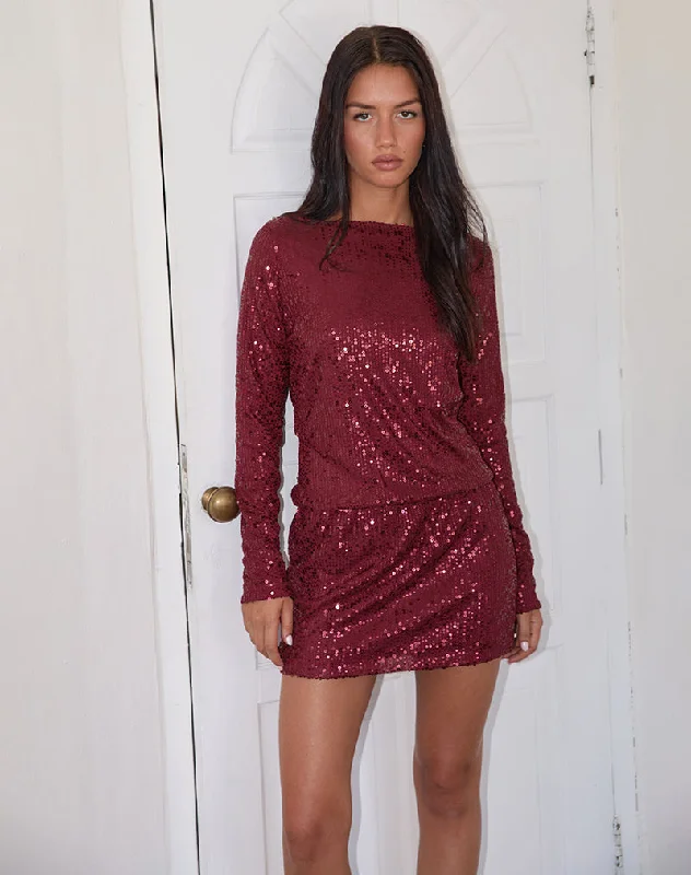 Silk Formal Mini Dresses-Jasilia Long Sleeve Mini Dress in Gauzy Sequin Red