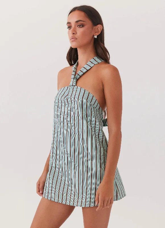 Sleeveless Formal Mini Dresses-Keira Linen Mini Dress - Coastal Stripe