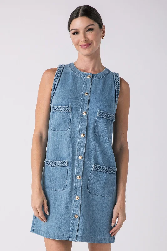 Mesh Club Mini Dresses-Lalavon Braided Denim Pocket Front Sleeveless Mini Dress