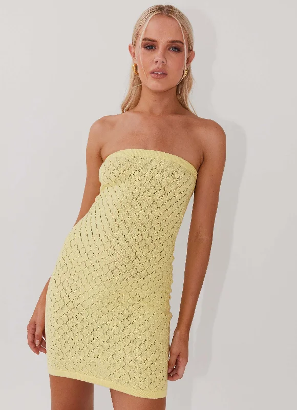 V Neck Casual Mini Dresses-Lifeline Knit Tube Mini Dress - Lemon