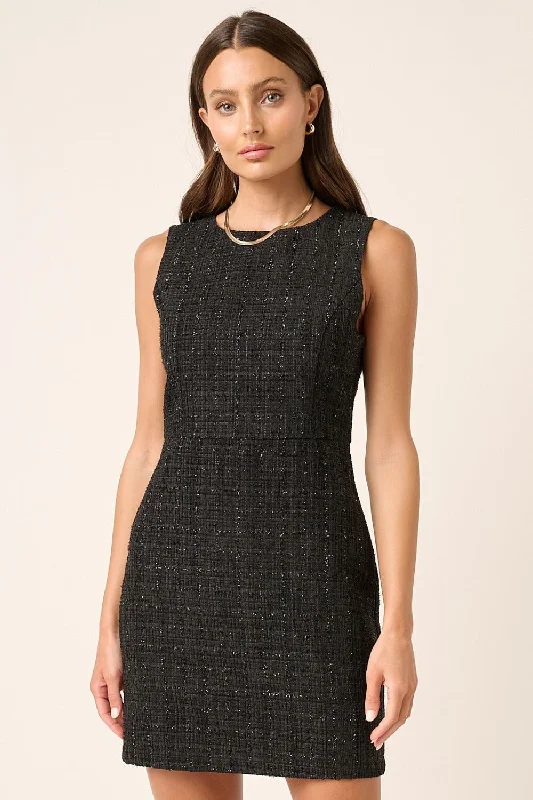 Silver Mini Dresses-Black Tweed Sleeveless Mini Dress