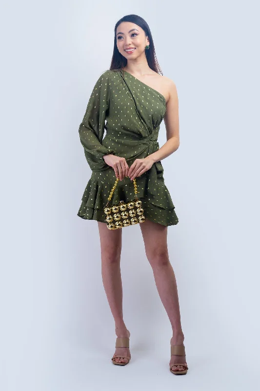 Sequin Casual Mini Dresses-Olive & Gold One Shoulder Mini Dress