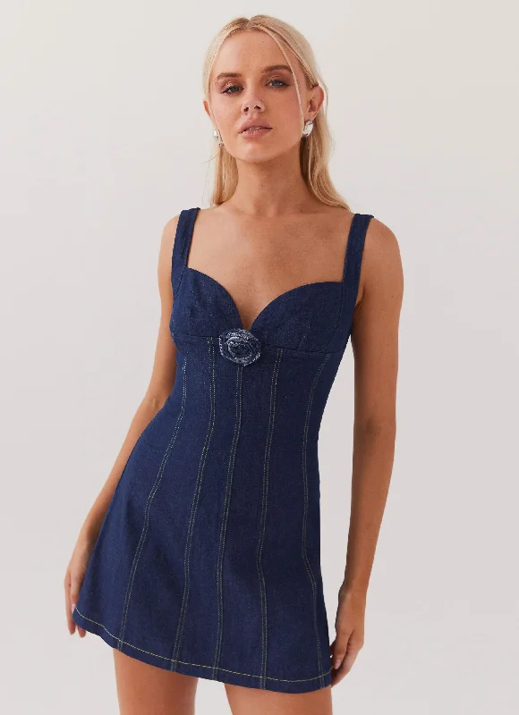 Formal Black Mini Dresses-Rosalia Denim Mini Dress - Indigo