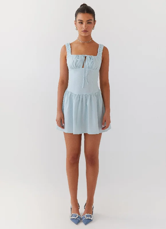 Maternity Mini Dresses-Velvet Skies Linen Mini Dress - Powder Blue