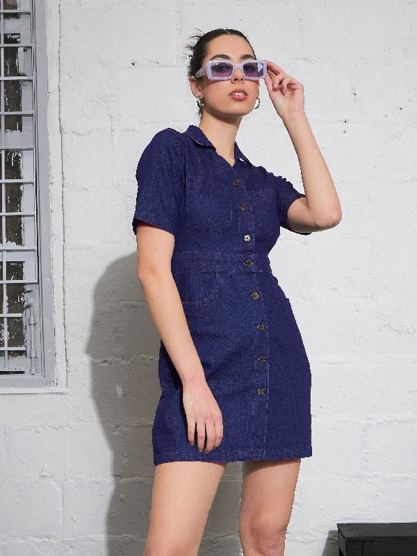 Lace Winter Mini Dresses-Women Navy Washed Denim Front Button Mini Dress