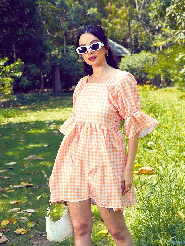 White Casual Mini Dresses-Women Peach Check Puff Sleeves Mini Dress